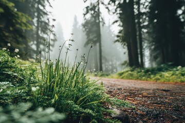 Misty Forest Path Lined With Greenery Leading To Tall Trees in Nature Scene