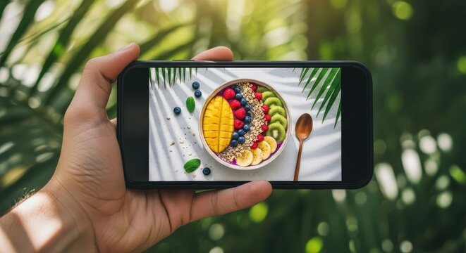 Person holding phone displaying smoothie bowl with fruit and granola on a white background outdoors