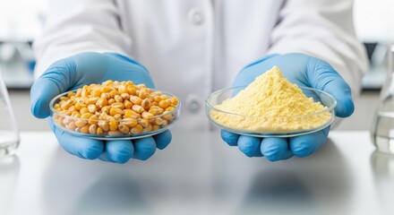 A scientist holding corn kernels and corn flour in petri dishes wearing blue gloves in a laboratory