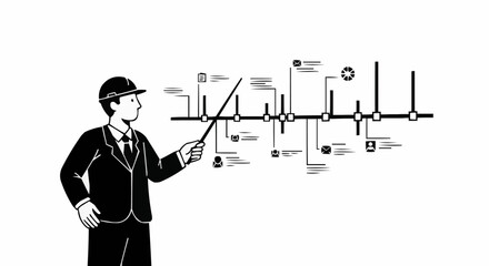 Man in Suit Presenting Timeline Diagram with Pointer.