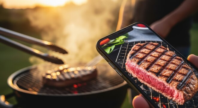 Person taking a picture of a steak on a grill with tongs and smoke at sunset using a smartphone