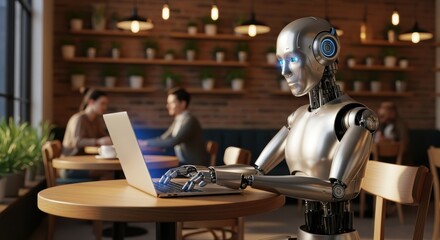 Robot working on a laptop in a cafe with people in the background and lights on the shelves behind them