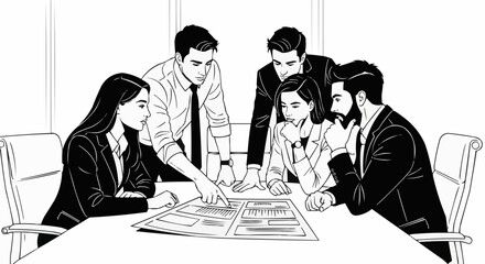 Business professionals collaborating on a project in a meeting.