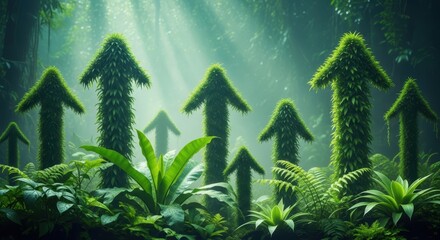 A surreal forest landscape with arrows made of green plants pointing upwards in a misty environment