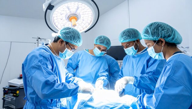 Surgeons team performing surgery in the bright operating room with advanced equipment.