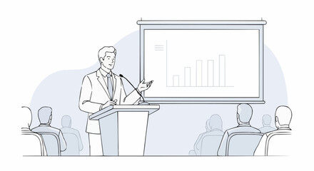 Professional speaker delivering presentation to audience with graph on screen.