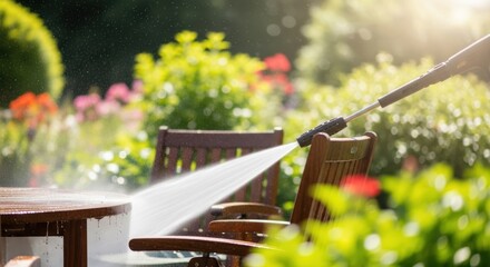 Power washing a wooden table and chairs outdoors in a garden on a sunny day with greenery around
