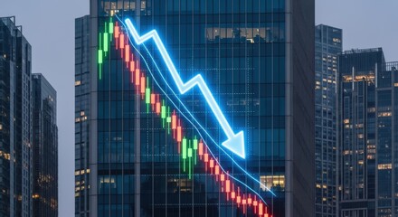 Stock market crash illustration with downward arrow overlaid on modern city buildings at dusk time