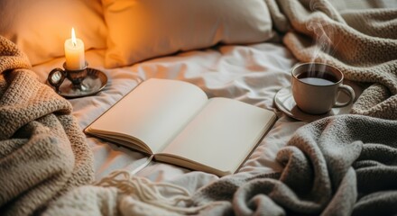 A cozy scene with an open book, candle, and steaming cup on a bed with soft blankets and pillows