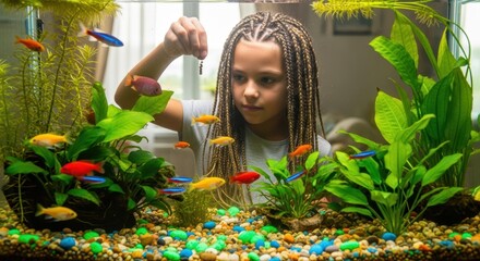 A young girl with braids feeding colorful fish in a vibrant home aquarium with aquatic plants inside it