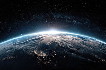 Detailed Aerial View of Earth from Space with City Lights and Starry Background