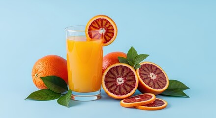 A glass of orange juice with oranges and blood oranges on a light blue colored surface background