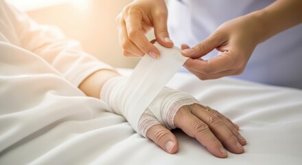 A person wrapping a bandage around another person's hand on a white bed in a bright room setting