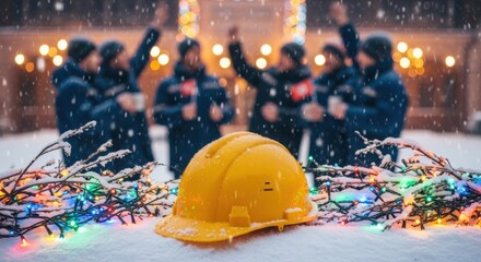 Yellow hardhat in snow with lights and celebrating workers in the background during winter time