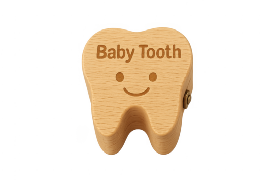 Wooden baby tooth box with smile design on transparent background