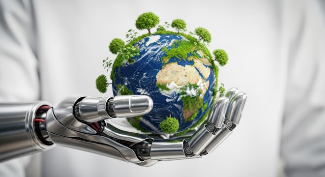 A robotic hand holding a globe covered in trees against a white background in a studio setting