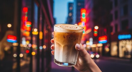Hand holding iced latte in glass with city lights blurred in background at night time atmosphere scene