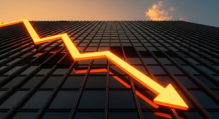 Golden arrow pointing down on a dark building with a sky background indicating a loss or failure