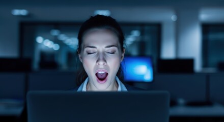 A woman yawning in front of a laptop screen in a dimly lit office environment at nighttime or late evening