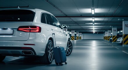 Rear view of a white suv with a blue suitcase in an underground parking garage with bright lighting