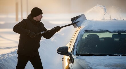 Man shoveling snow off of a car on a cold winter day wearing a black jacket and a black beanie hat outside