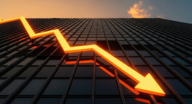 Golden arrow pointing down on a dark building with a sky background indicating a loss or failure