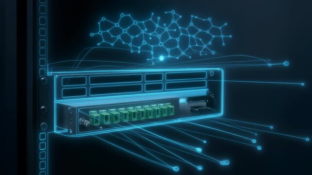 Fiber optic technology technician installs fiber optic patch panel server rack patch cassette providing high speed network connectivity with precise