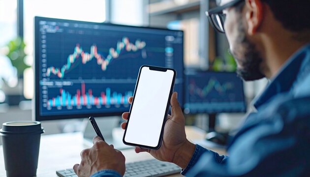 Trader analyzing stock market charts on computer and phone at home office.