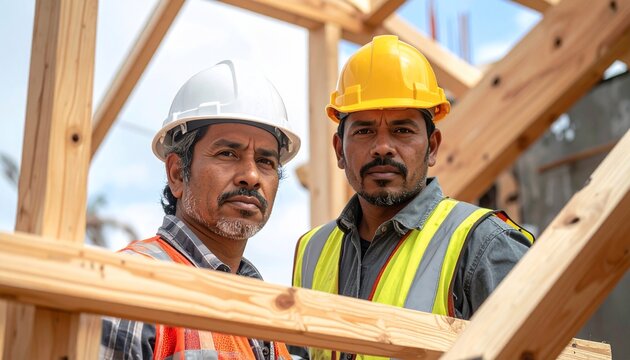 Two Construction Workers in Safety Gear with Building Framework, and Serious Look.