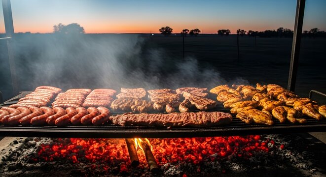 Massive Asado Grill Full of Sausages, Beef Ribs, and Chicken Cooking over Hot Charcoal Embers at Twilight for a Large Outdoor Event.