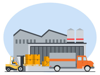 Warehouse workers load goods onto delivery trucks. Industry vector illustration. Flat illustration concept.