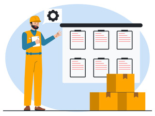 Workers are arranging logistics delivery schedules. Industry vector illustration. Flat illustration concept.