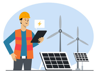 Male workers are carrying out maintenance on solar energy installations, panels and wind turbines. Industry vector illustration. Flat illustration concept.