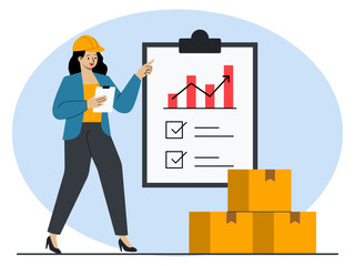 Woman manager analyzes logistics data of her company using chart. Industry vector illustration. Flat illustration concept.