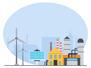 Power generation energy building with solar panels and windmills. Industry vector illustration. Flat illustration concept.