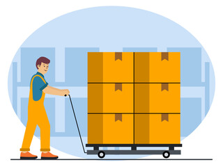 Worker loading goods into warehouse cargo. Industry vector illustration. Flat illustration concept.