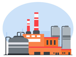 Modern manufacturing facility, power generation factory area with warehouses and companies. Industry vector illustration. Flat illustration concept.