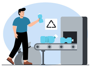 People put plastic waste into the recycling sorting area. Industry vector illustration. Flat illustration concept.