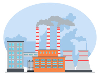 Factories with air-polluting pipes and cooling towers. Industry vector illustration. Flat illustration concept.