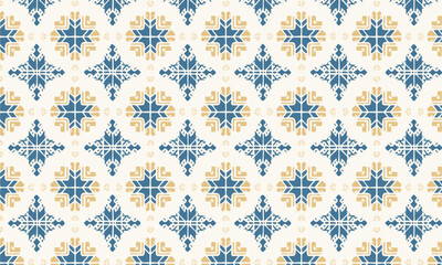 A seamless ornamental tile pattern featuring blue and gold decorative motifs with vintage-inspired geometry