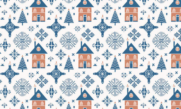 A seamless Scandinavian winter pattern featuring cozy cabin illustrations, stylized pine trees, geometric snowflake motifs, and folk-inspired decorative elements in blue and terracotta tones