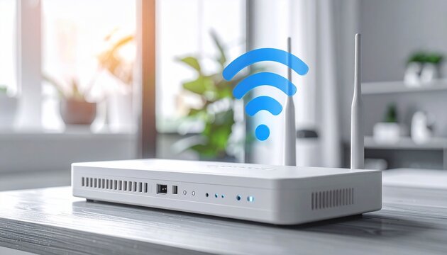 Wireless router with WiFi symbol with internet connection, home network, and and blur background.