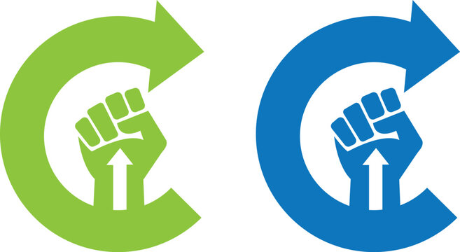 Circle Arrow Fist Logo Design Hand up arrow icon Revolution Power Vector Template