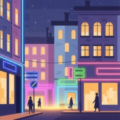 City street scene glows vividly with bright neon lights under a dark evening sky