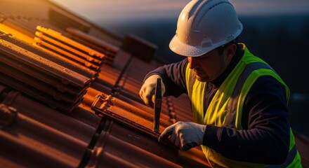 A roofer in a hard hat and safety vest meticulously places tiles on a rooftop during a warm sunset, highlighting the construction process.