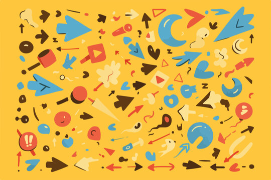 Vetor de elementos gr&aacute;ficos abstratos e divertidos com setas, luas e formas geom&eacute;tricas em fundo amarelo