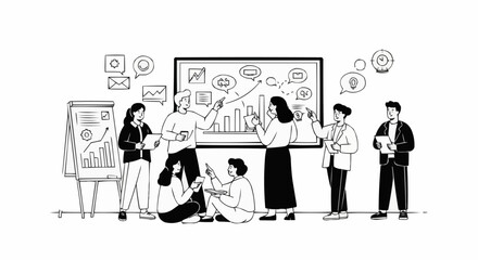 Team collaborating on a business strategy presentation with charts and graphs.