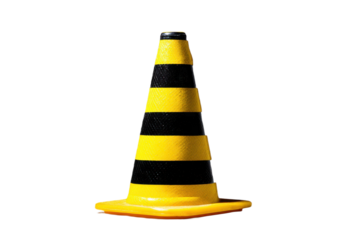 Bold yellow and black striped traffic cone isolated on clean transparent background
