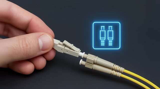 Hand connecting fiber optic cable connector and patch network technology cable connector being joined by hand creating fast fiber optic technology