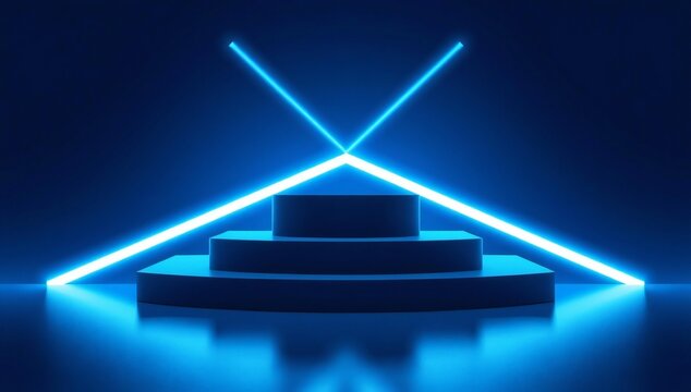 Futuristic neon stage with geometric shapes and blue light - Powered by Adobe
